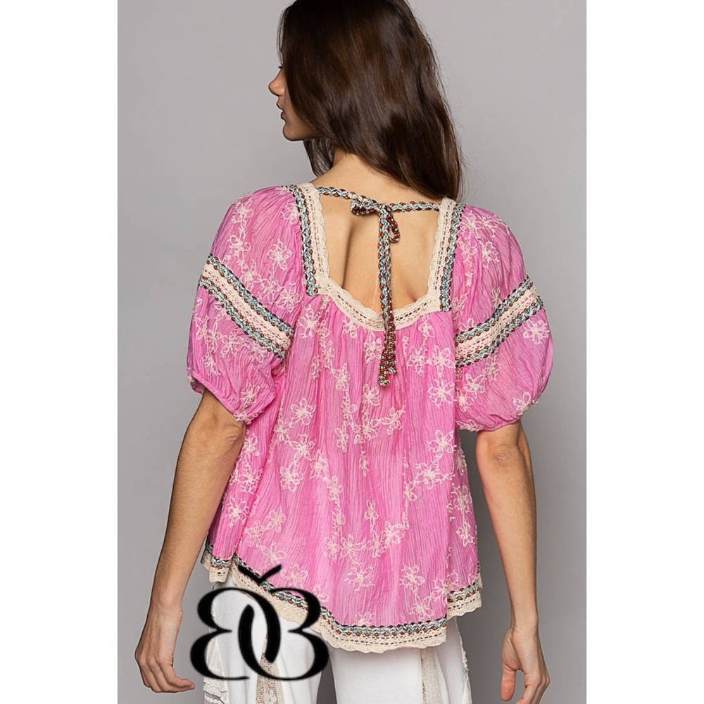 POL Pink Floral Embroidered Square Neck Chiffon Top Oversized - Picture 6 of 10